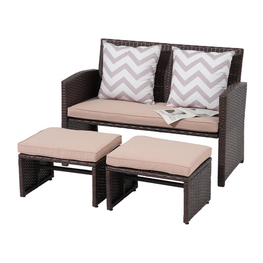 Casual Balkonmöbel Set, Loveseat mit 2 Hockern Braun