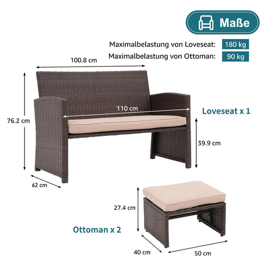 Casual Balkonmöbel Set, Loveseat mit 2 Hockern Braun