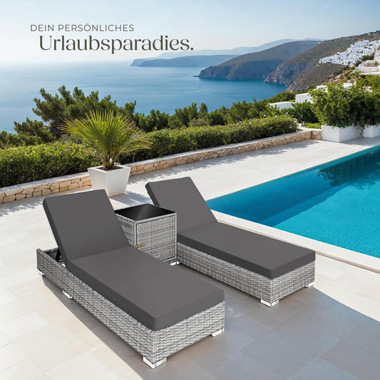 2er Sonnenliegen Set, Gartenlounge mit Tisch & Bezugsets
